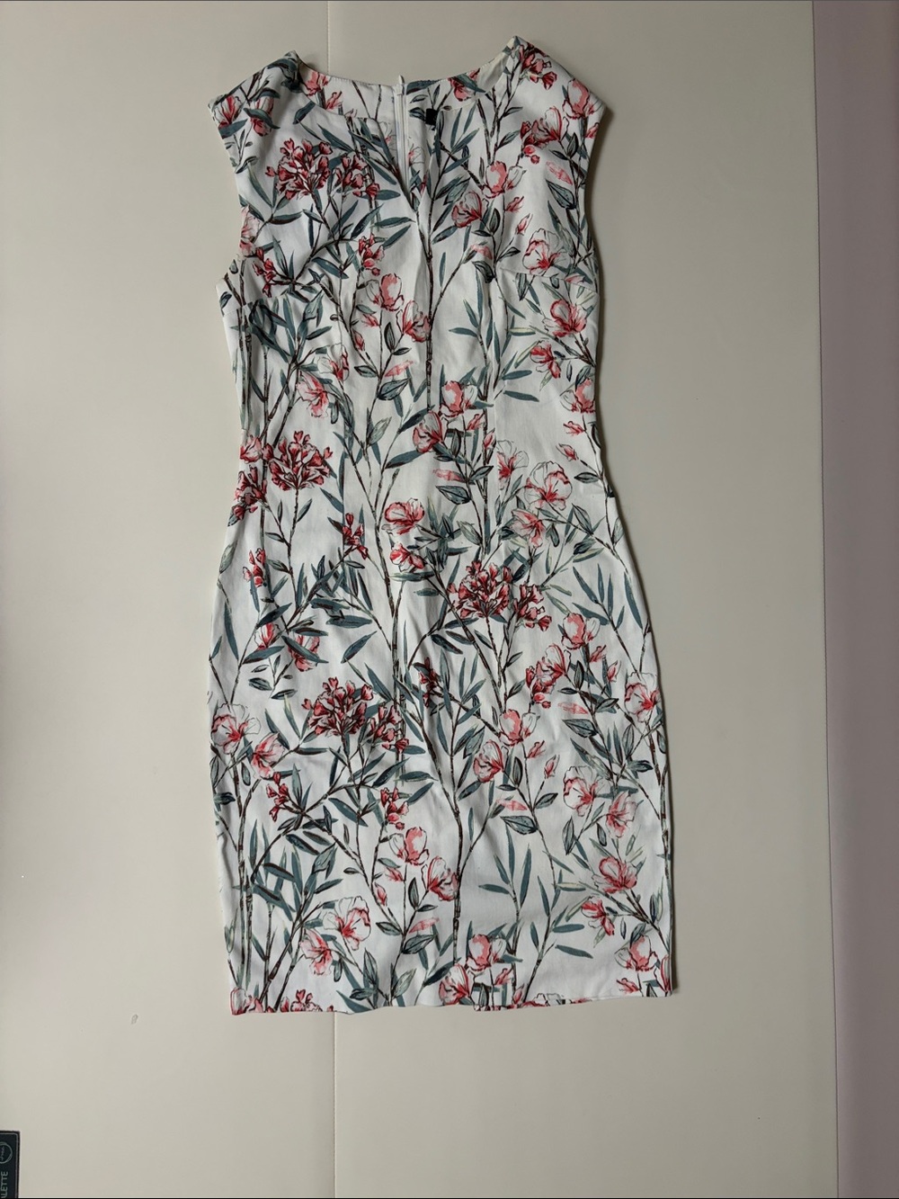 Floral Midi Sheath Dress in White with Pink & Green Print